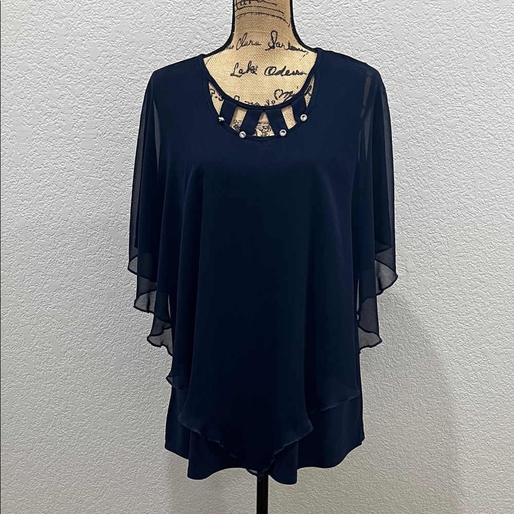 Adele & May Women’s Top Navy Blue Sheer Layered Bat Wing Sleeve